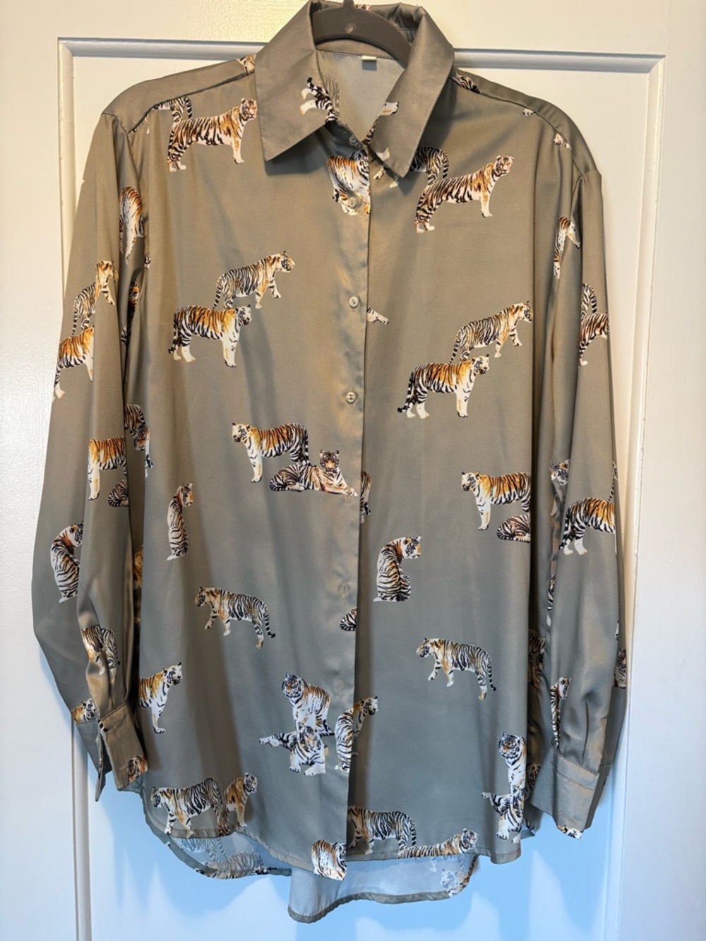 Tiger Print Button-Up Shirt in Sage